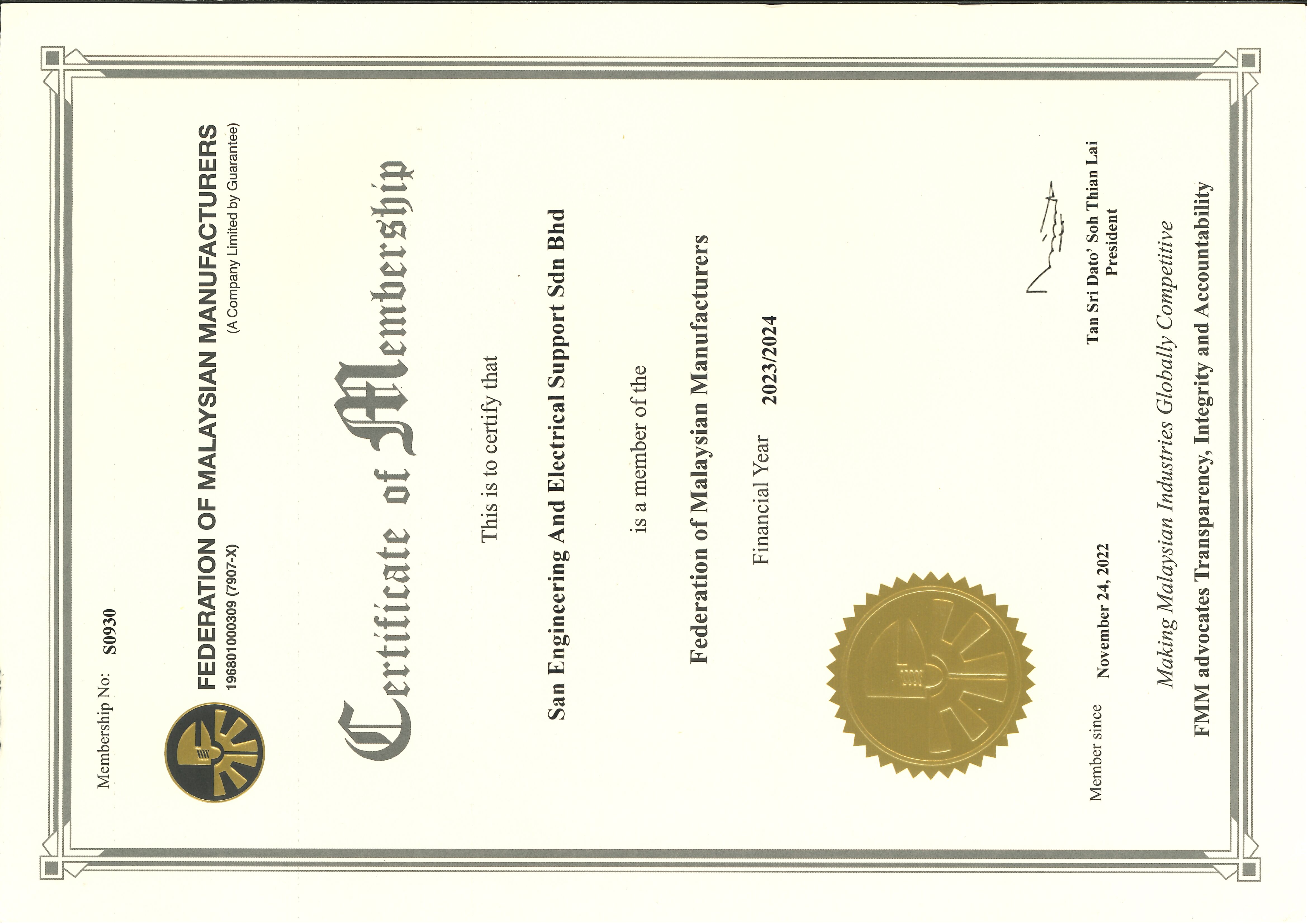 San Engg certificate — FMM 2024