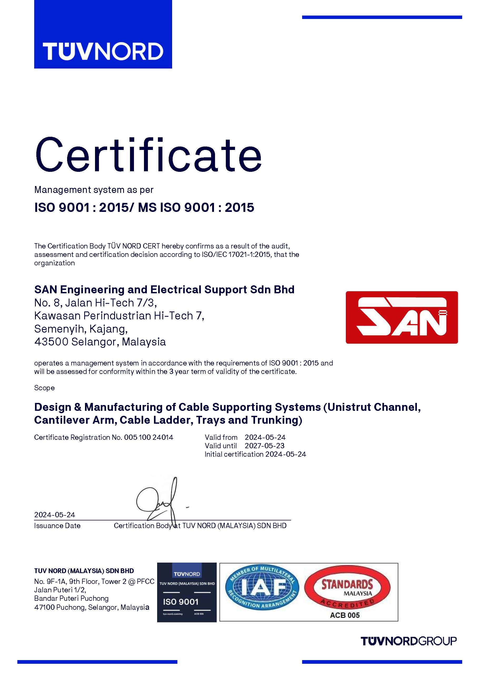 San Engg certificate — ISO 2024