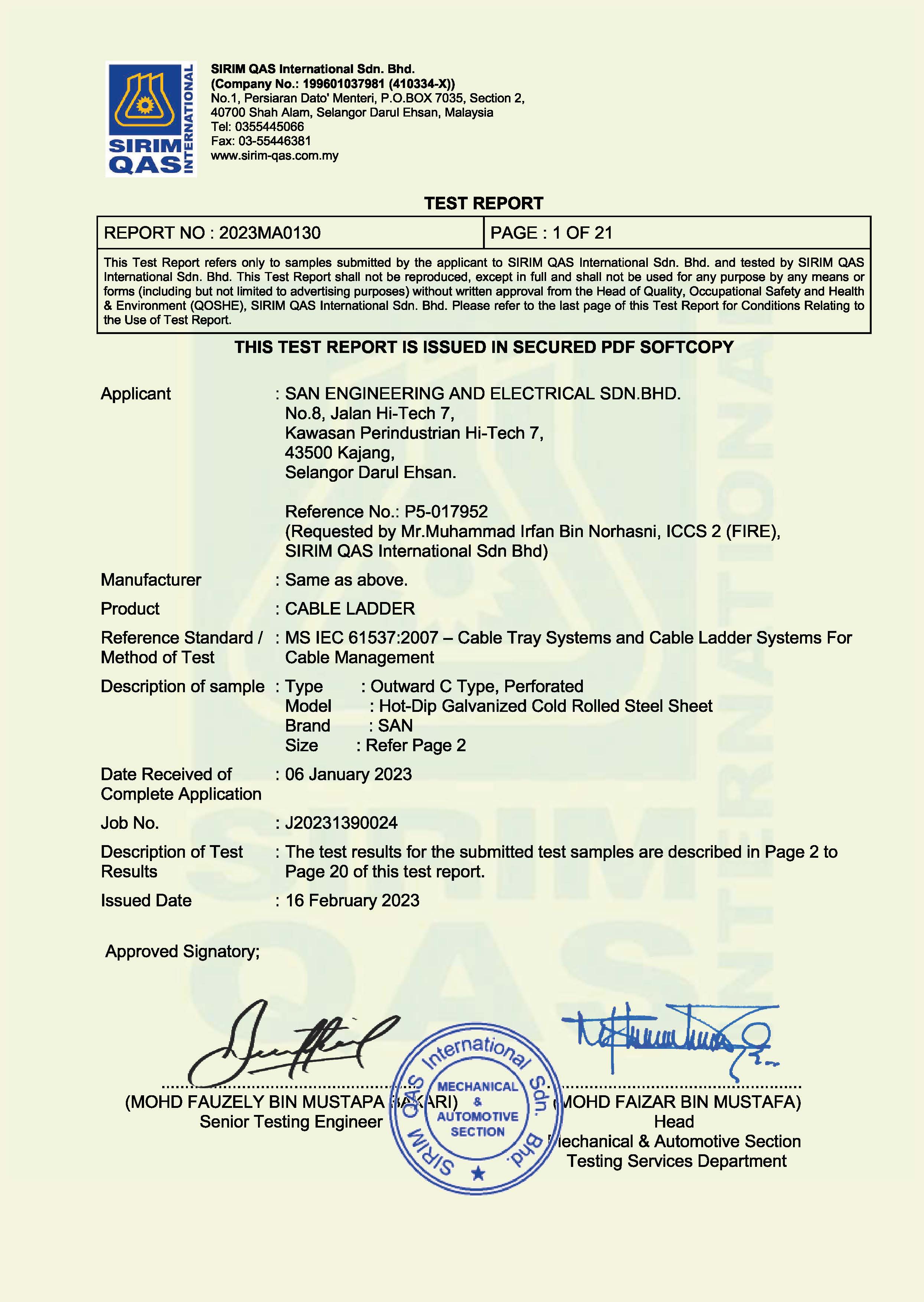 San Engg certificate — SIRIM CableLadder Feb2023